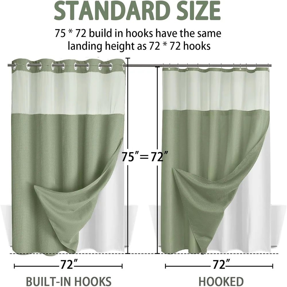 1PC unhooked large hole waffle check shower curtain, 72in*75in, hotel grade, spa waterproof shower curtain, fruit green