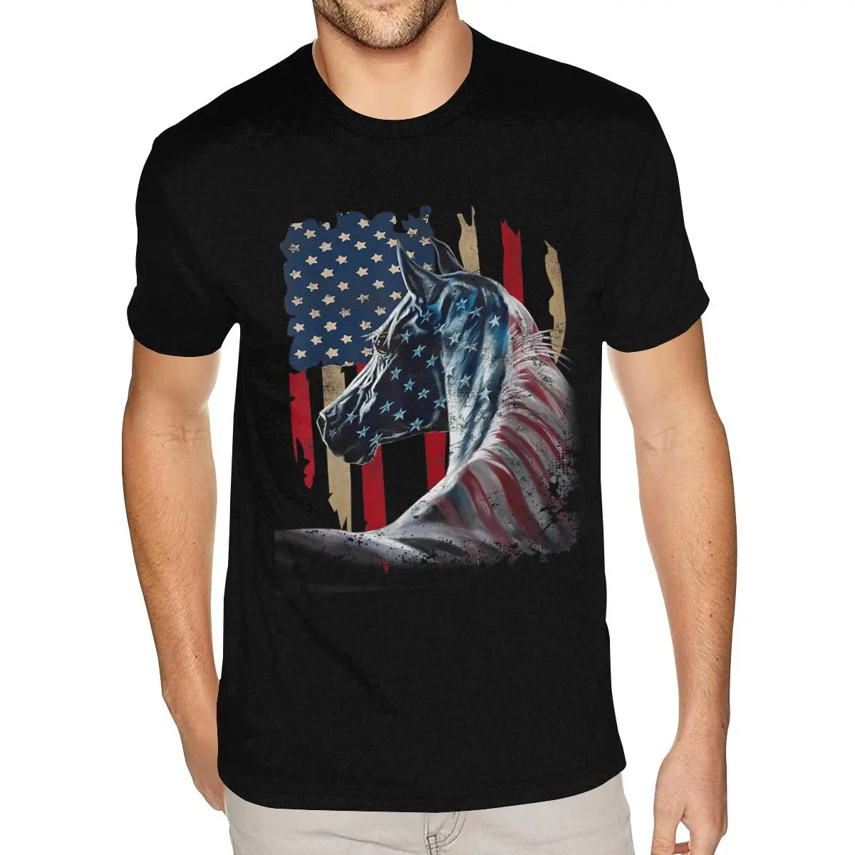 

Vintage Graphic Horse American Flag Derby Racing Equestrian Rodeo Patriotic Tee Shirt Mens Graphic Short Sleeves T Shirt