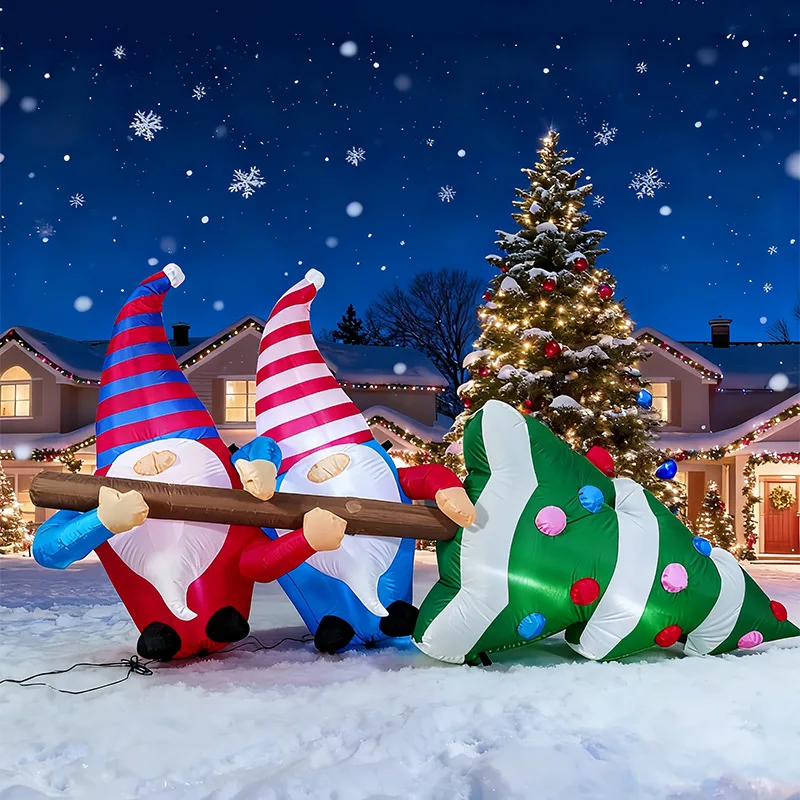 

7FT 2.1M Inflatable Christmas Decoration, Gnomes Pulling Tree, LED Lighted Yard Decor for Holiday Party, Lawn and Garden Fun