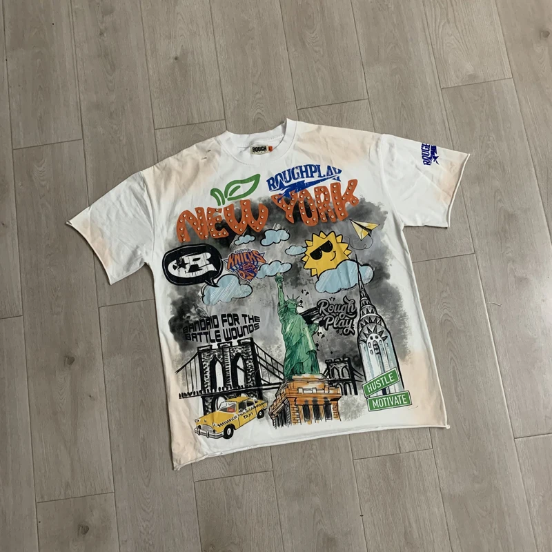 Vintage Urban Roughplay T‑Shirt Cotton Wash Gradient Color Short Sleeved City Scene Diamond Inlay Decoration Print Tee