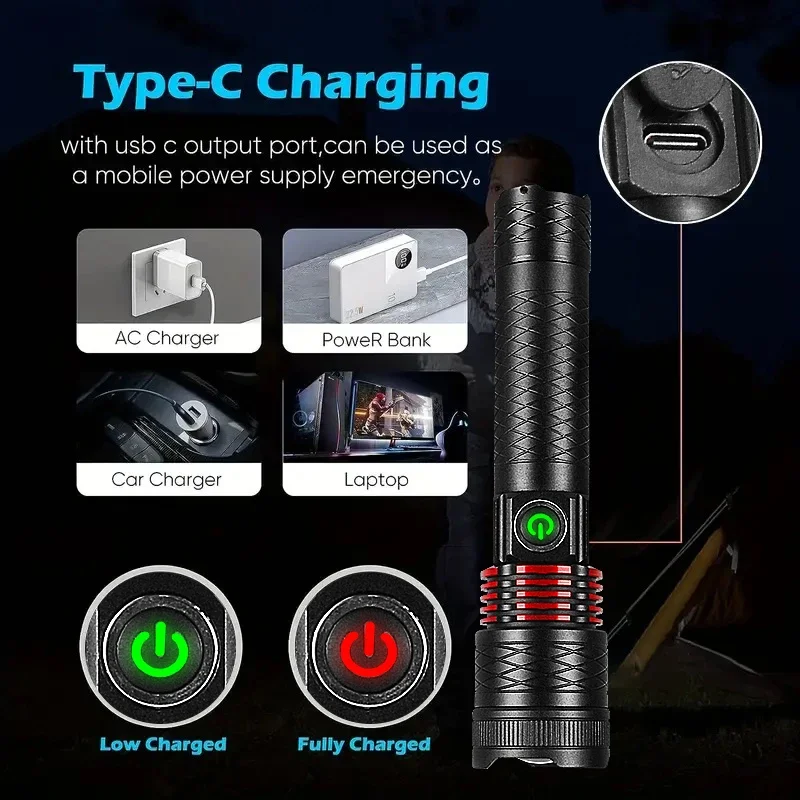 New 2500m Powerful Led Flashlights 9800lm Super Bright Torch Charging Zoom 18650 Hand Light High Power Long Shot Camping Lantren