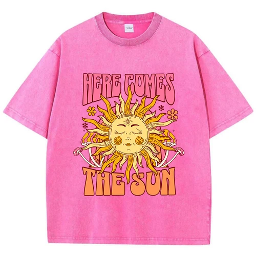 Imagen 2 del producto Camiseta lavada de gran tamaño para mujer, camisetas con estampado de algodón aquí viene el sol, camisetas informales de manga corta con cuello redondo, ropa holgada para mujer