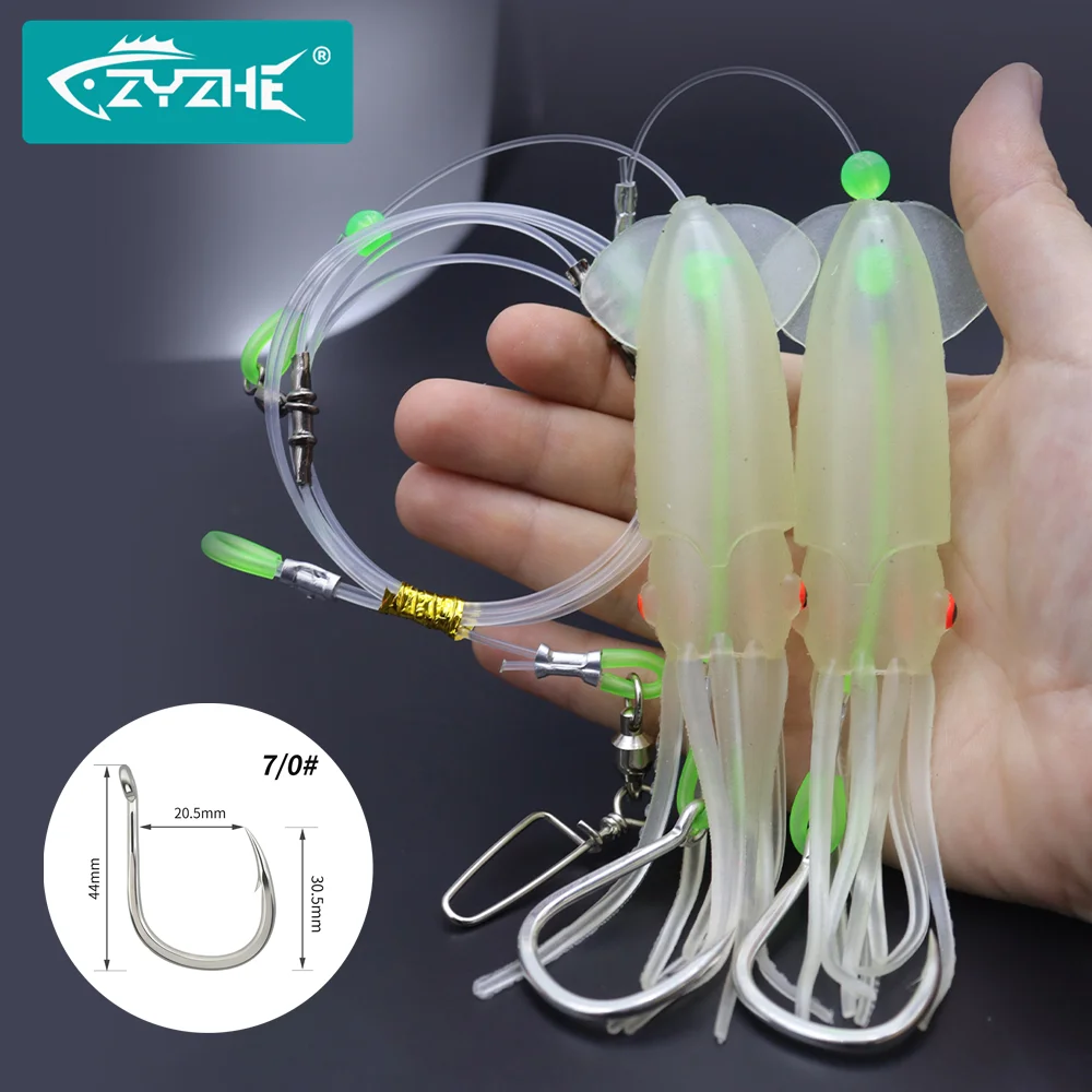 ZYZHE 1/2 peças de equipamentos de pesca de fundo com isca artificial luminosa de lula, anzol de alta resistência BKK8062-5X, equipamentos de pesca em alto mar para atum e marlim