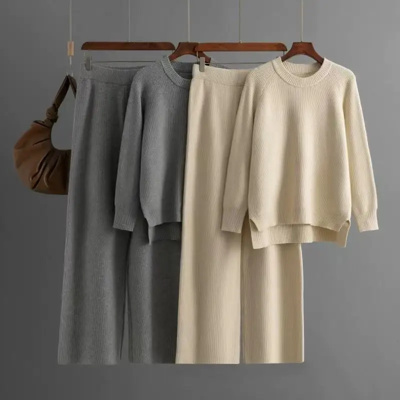 

Thiened Loose Knitted Sweater And Pants Set Long Sve round Ne Two-Piece Set for Women Faionable Autumn Outfit