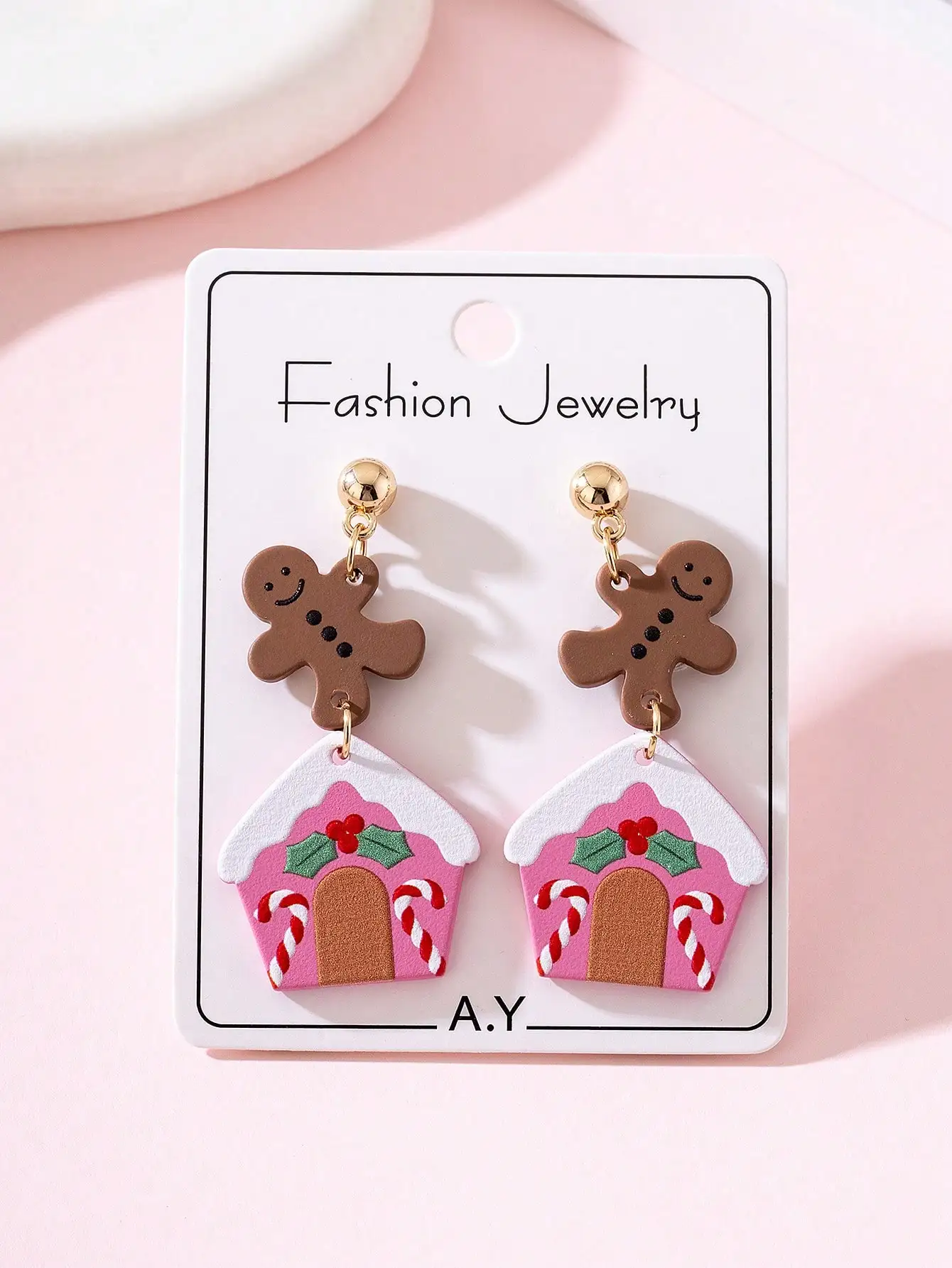 1 Pair Christmas Cute Gingerbread Man Holly Berry House Enamel Texture Design Women's Fashion Jewelry Earrings, Perfect Gift For Holiday Party