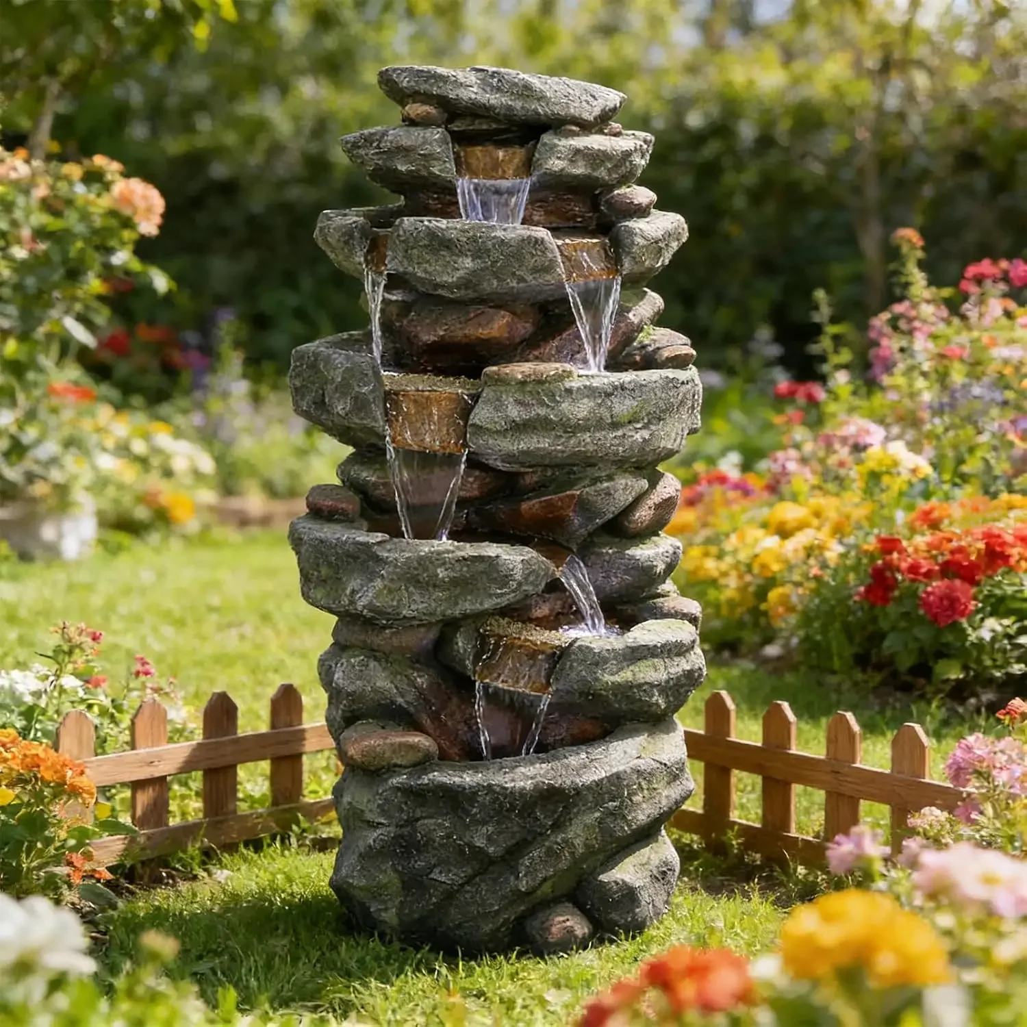 USA Stock40.55inches High Outdoor Rock Water Fountain with LED Lights - 6-Tiers Poly-Resin Cascading Waterfall Fountain for Gard