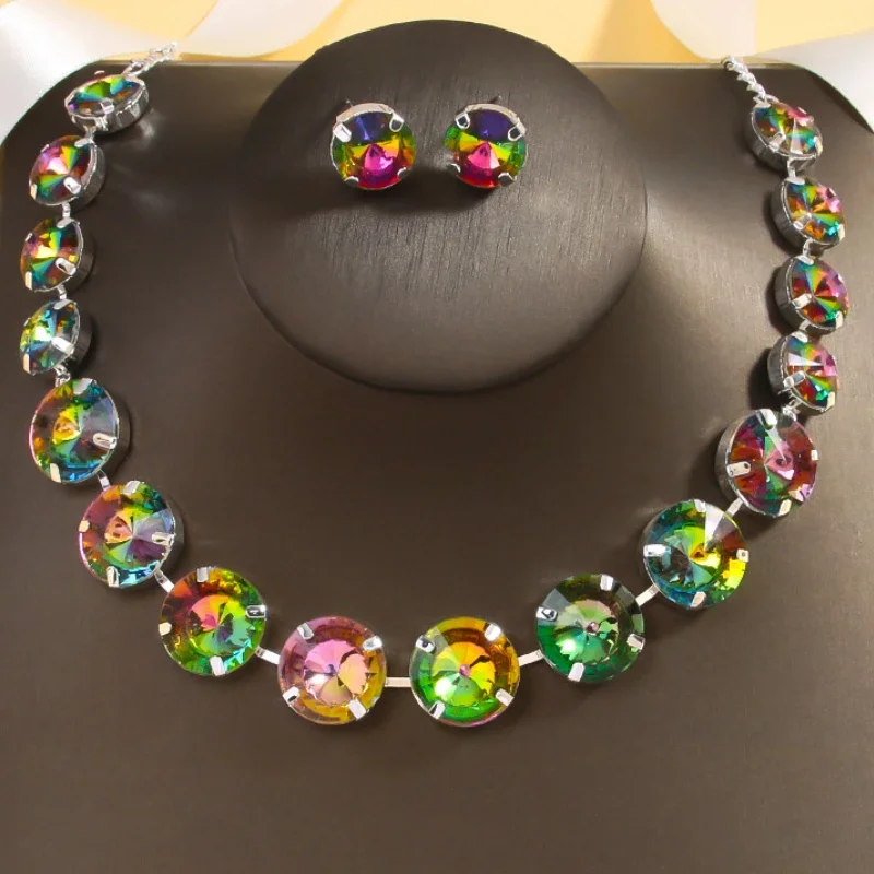 

Fashion Chroma Rhinestone Simple Circle Necklace Earrring Set Bridal Wedding Jewelry Sets for Bridemaid Prom Costume Accessories