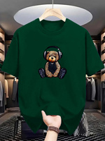 Men's Summer 100% Cotton Fashionable Casual Sports Loose Teddy Bear Headphones Print Round Neck Short Sleeve T-shirt Top