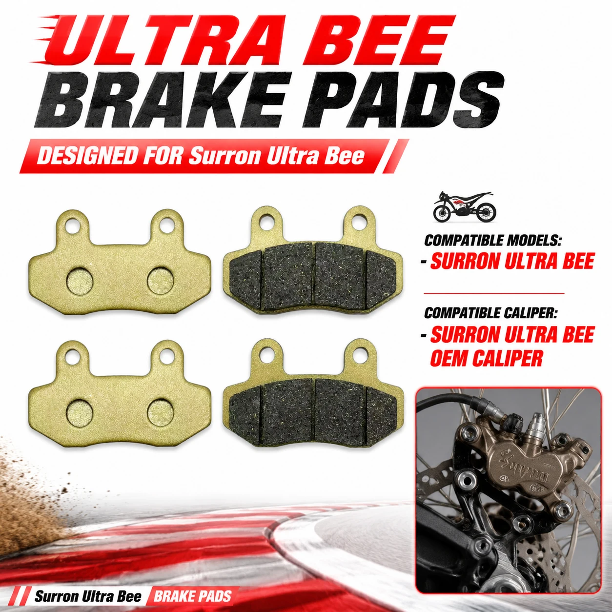 

Ultra Bee Brake Pads Semi-Metallic 2 Pairs for Surron Ultra Bee Stock Caliper Electric Dirt Bike Front Rear Replacement