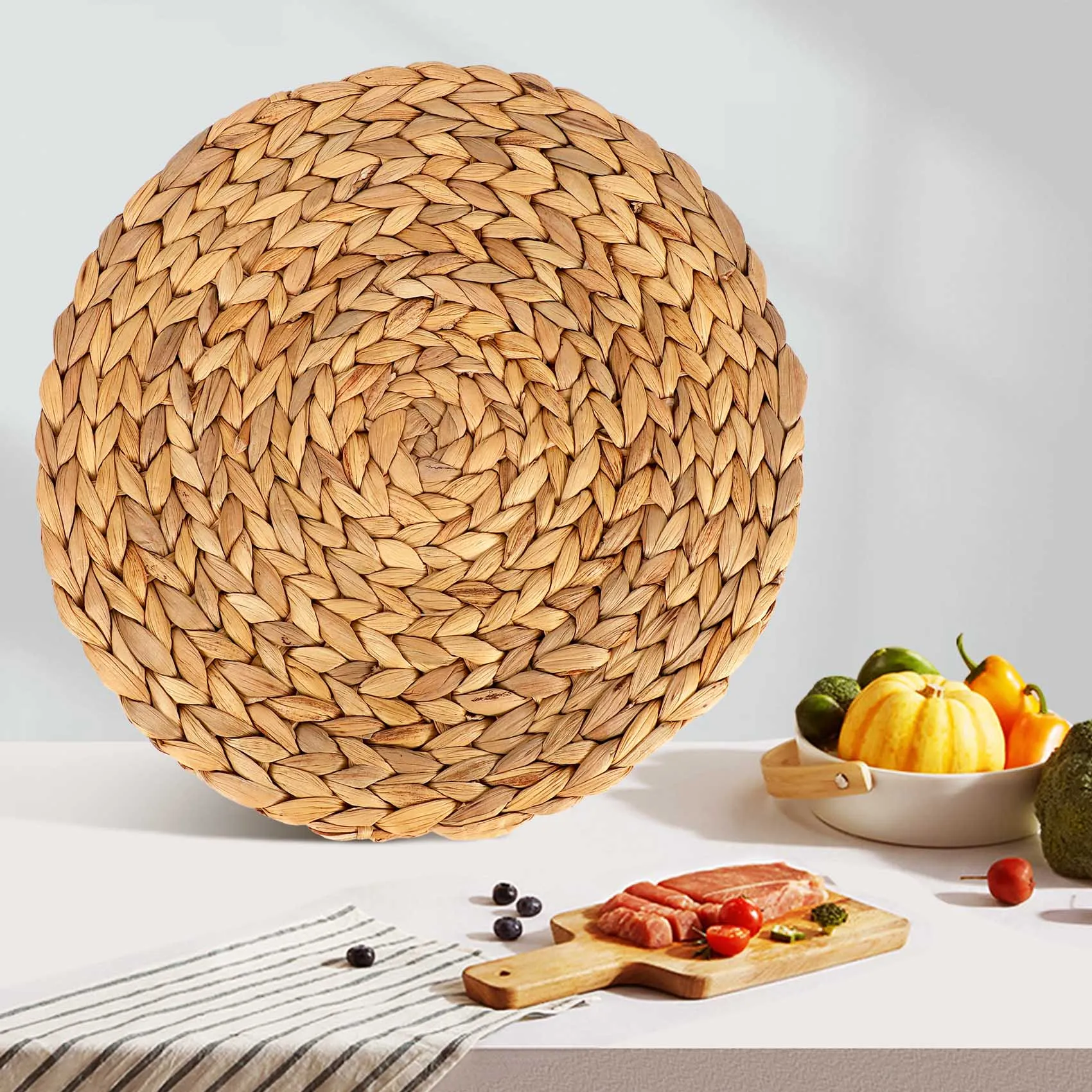 

ABUN-Round Woven Placemats, Water Hyacinth Woven Rattan Placemats Round Braided Rattan Tablemats Non-Slip Insulation Pads