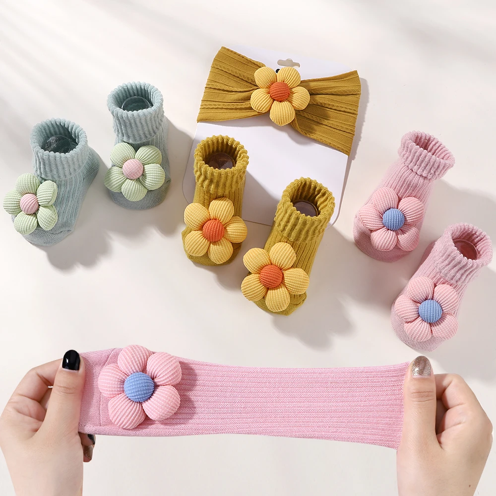 Newborn Headband for Infant Elastic Knit hairband Baby flower Soft Nylon Kids Headwear Babe Hair Accessories Socks Gift Set