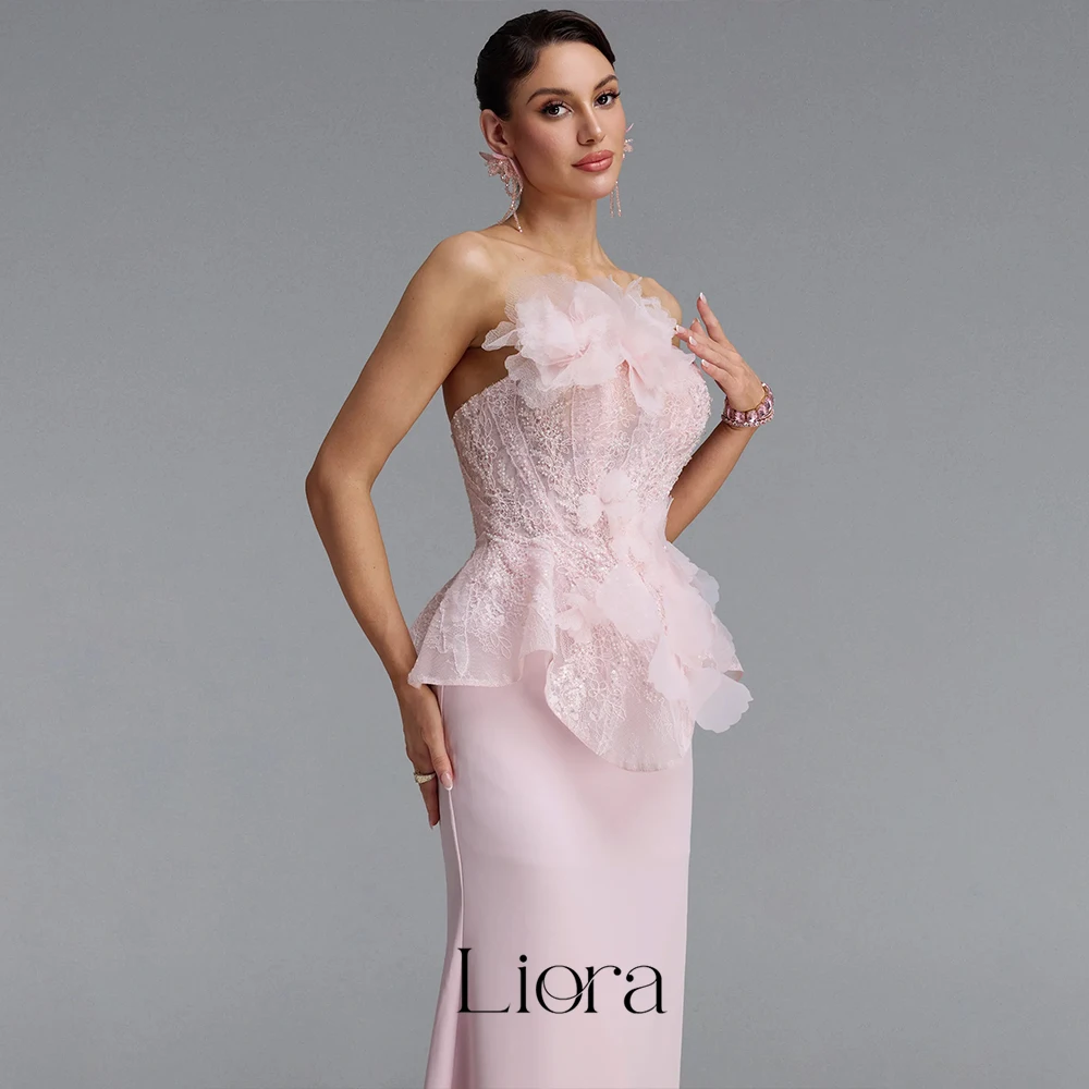 Liora Customized Arabia Pink Mermaid Strapless Prom Dresses Flowers Sequins Pearls Backless Floor Length Formal Evening Dresses