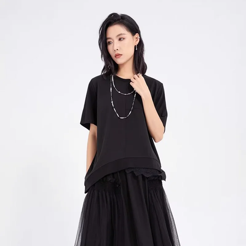 

Casual Style Loose Women's T-shirt Short Sleeve Lace Trim Patchwork Summer Asymmetric Design Fashionable Top Black