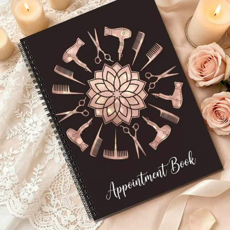 A5 Salon Appointment Book, Planner for Hair Stylist with Rose Gold Hairdressing Tools Mandala Cover Everyday Schedule Organizer