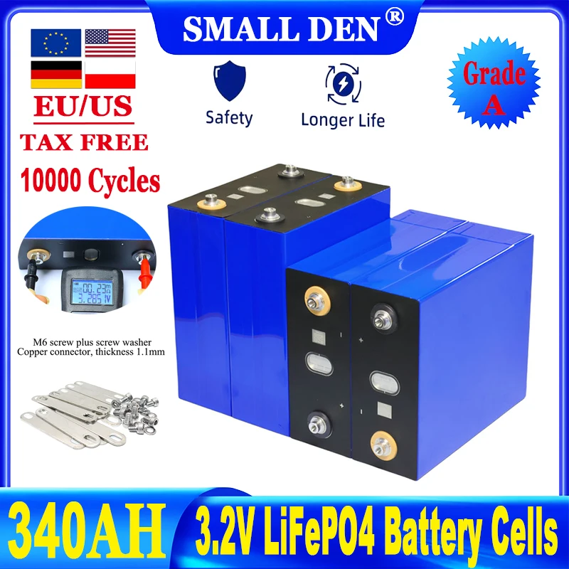 New A-Grade 340Ah 10000 cycle LiFePO4 3.2V rechargeable power battery suitable for DIY 12V 24V RV electric vehicle solar system