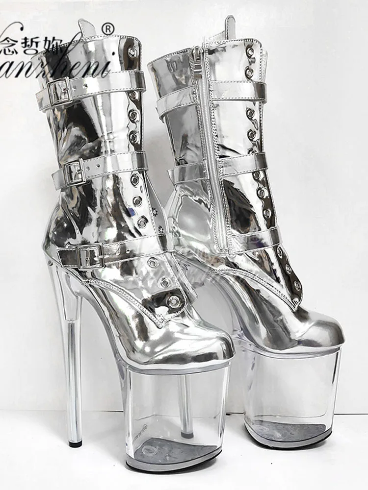 Stage Silver Shiny Surface Three-Piece Ankle Boots 20cm Crystal Catwalk Pole Dance Shoes Women\'s Gladiator Nightclub Round Toe