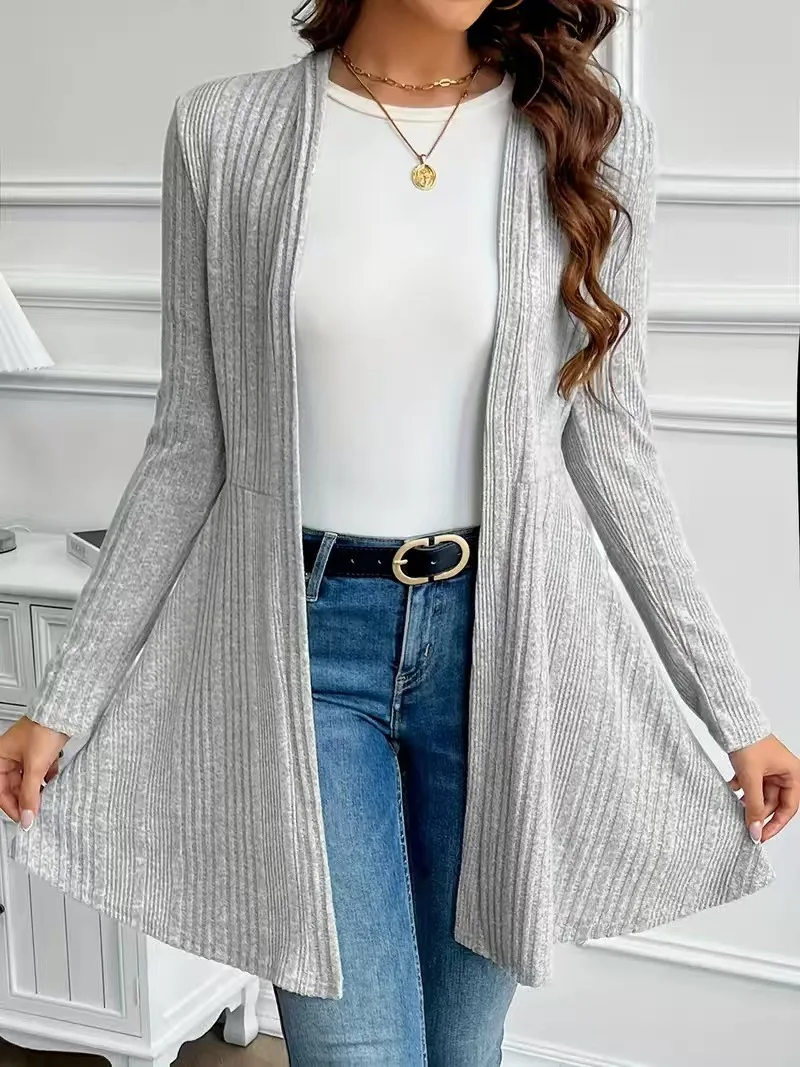 Schwarzer gerippter Strick-Cardigan für Damen, vorne offen, langärmlig, A-Linie, mittellang, lässige, lockere Oberbekleidung für Frühling und Herbst – Detail 10