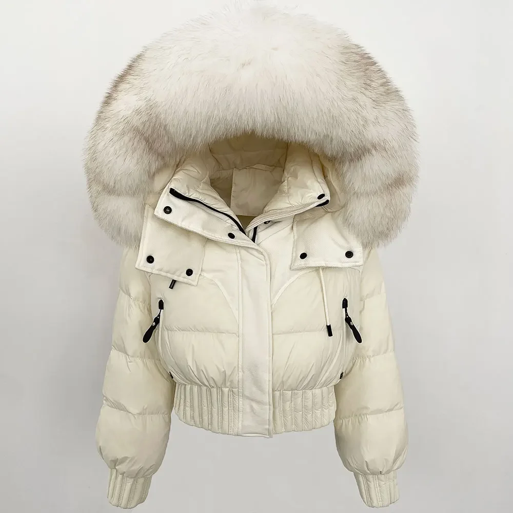 

White Duck Down Coat Casual Reality Fur Jacket Warm Winter Short Natural Real Raccoon Fox Fur Collar Hooded Outerwear Women