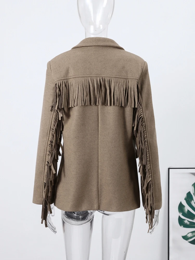 Elegancka damska marynarka z kołnierzem, długim rękawem, frędzlami, gruba, ciepła kurtka, odzież wierzchnia dla kobiet, wiosna 2026, styl biurowy.