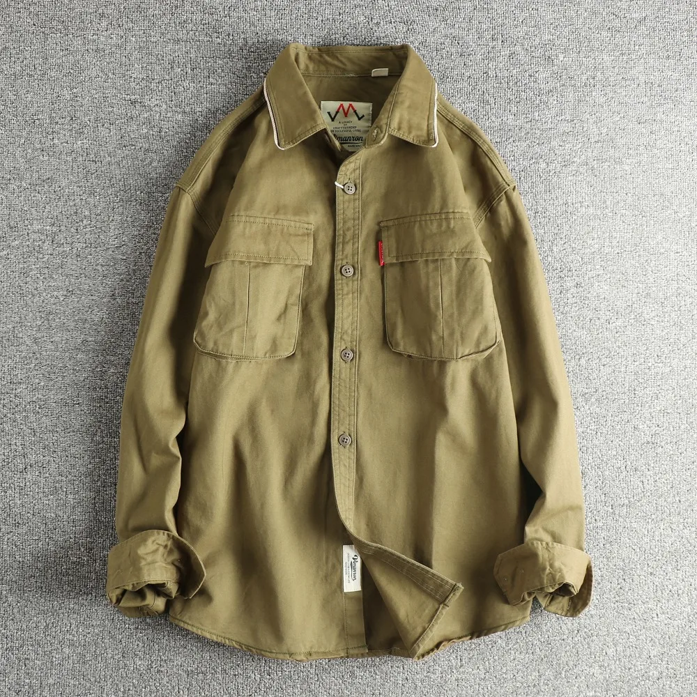 

100% хлопок, трехмерный карманный дизайн, стираная рабочая одежда, рубашка с длинными рукавами для мужчин, модная американская рубашка цвета хаки Ami