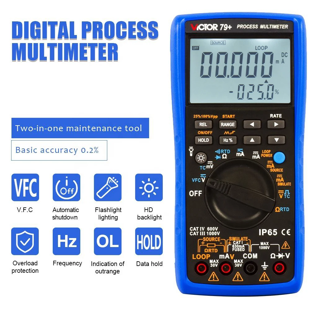 79+ Digital Process Multimeter 6000 Counts 24V Loop Power Supply While Testing Thermocouple TC Pt100 Cu50 Pt1000 VFC