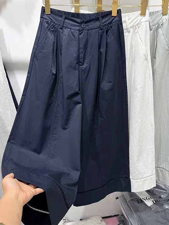 Damskie spodnie casualowe z wysokim stanem, proste nogawki, ażurowe wstawki, cienkie, szerokie nogawki, długość 7/8, nowość na lato.