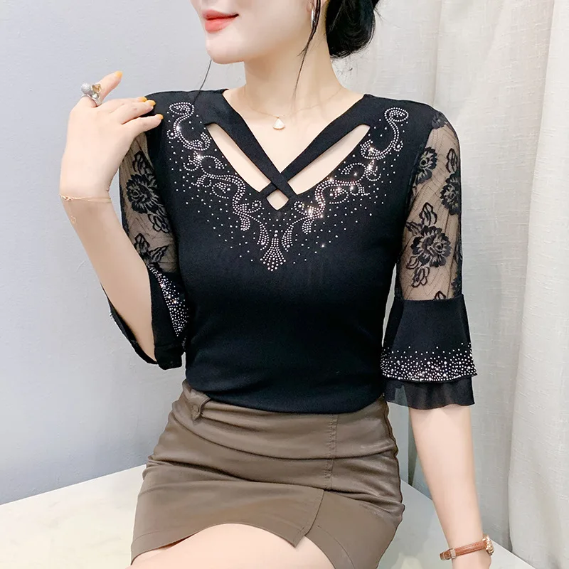 2025 Summer New Mesh Fashion Hollow Hot Diamond Sexy Thin Seven-quarter Sleeve Sunscreen Women's Top