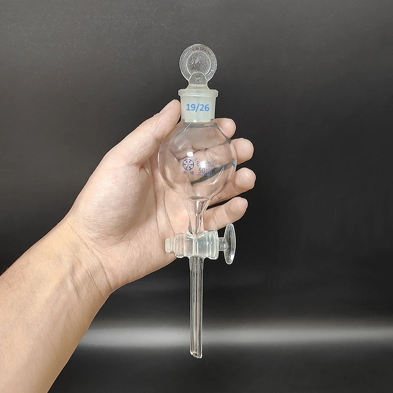 FAPE Separatory funnel globe shape,with ground-in glass stopper and stopcock 50ml 19/26,Single-mouth flask,Glass switch valve