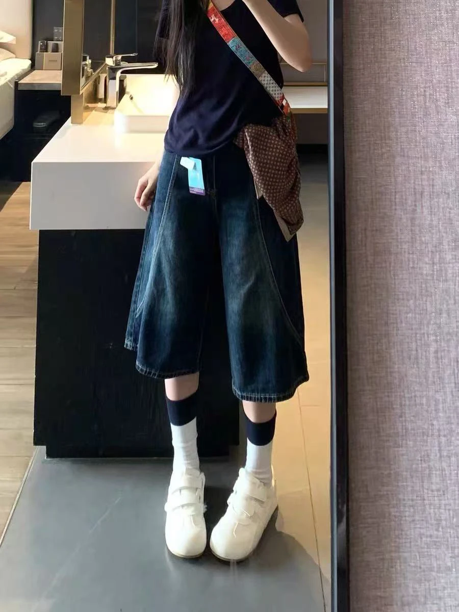 

plus Size High Waist Straight Leg Blue Jeans Shorts Women's Summer Loose Slimming Wide Leg Mid-Length Pants