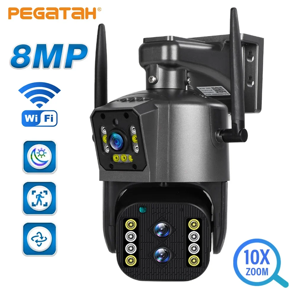 

PEGATAH 8MP 4K Camera Outdoor WiFi PTZ Three Lens Dual Screen 10X Optical Zoom Auto Tracking Waterproof CCTV IP Cameras