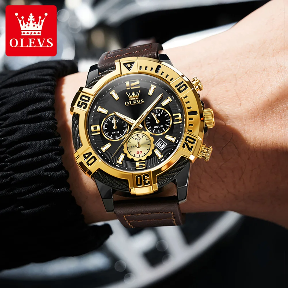 OLEVS 2999 Multi functional Men's Watch Original Brown Leather Strap Fashion Waterproof Watch for Men
