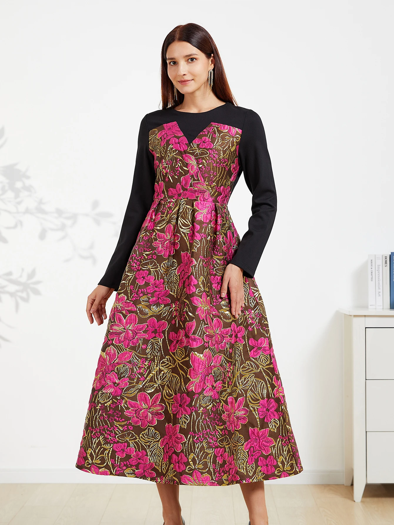 DEVCHATA Quality Vintage Women Jacquard Dress New Elegant Evening Dresses Spliced ​​Spring Autumn Floral Ball Long Gown