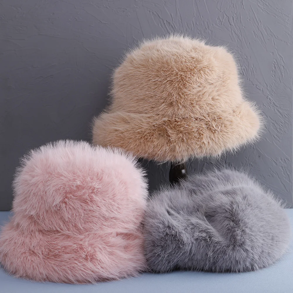 2024 Big Faux Fur Fluffy Bucket Hat for Women Luxury Plush Winter Hat Thicken Snow Oversized Fur Bucket Hat Soft Big Panama Cap