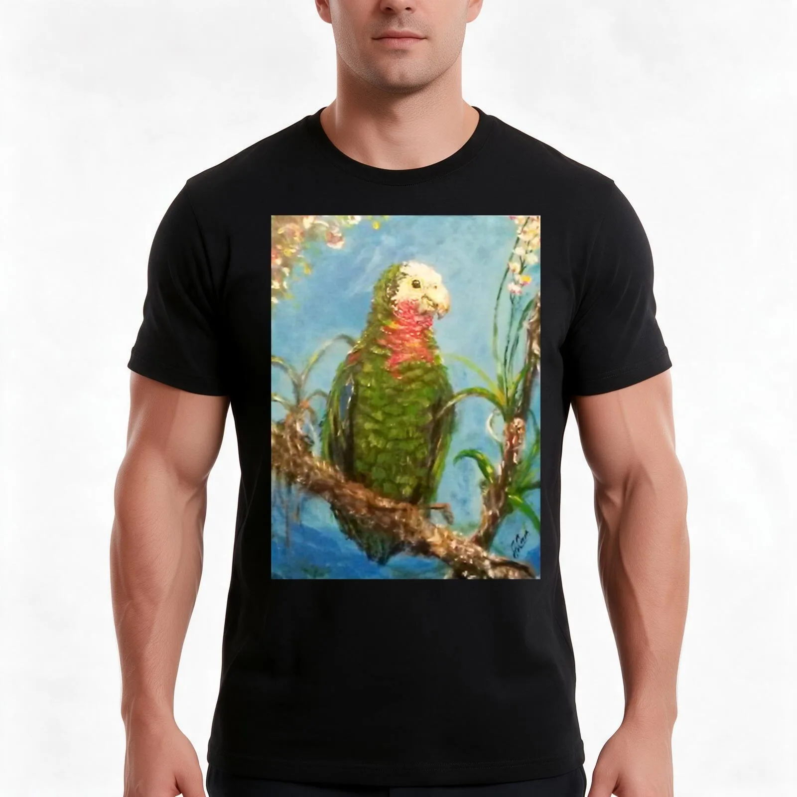 Abaco Parrot with wild orchid T-Shirt, Summer Casual Cotton Tee, Oversized Streetwear Tops, Vintage Graphic Print, 100% Cotton