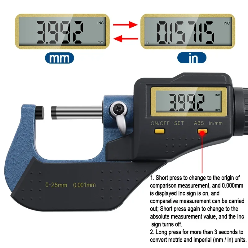 

0-25mm 0.001mm Micrometer Caliper Gauge Steel Electronic Outside Digital Micrometer Screw with Large LCD Screen