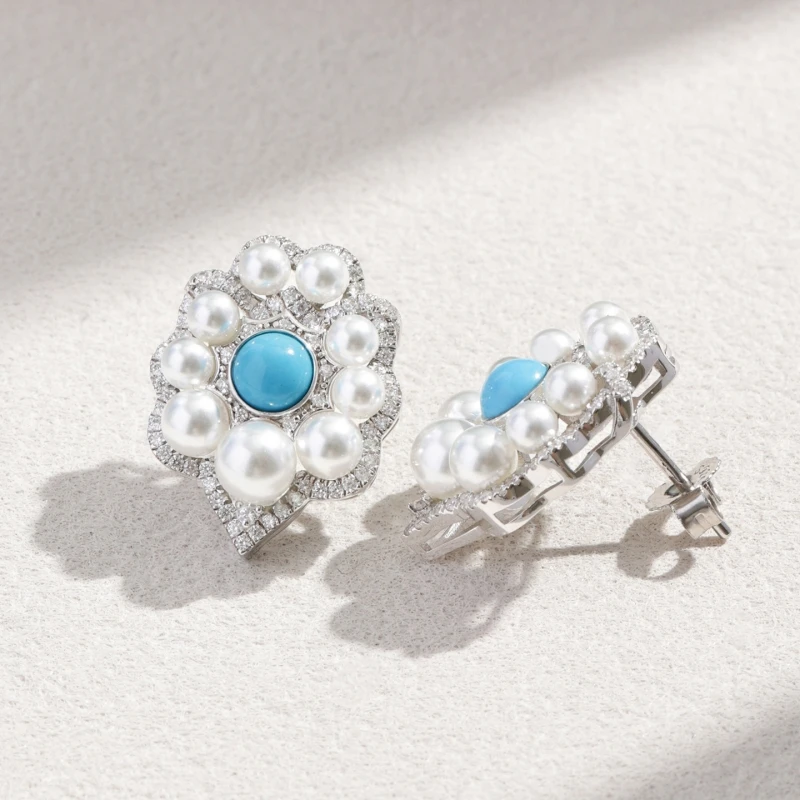 Cameo 925 Silver Plated White Artificial Pearl Blue Turquoise Earrings Sleeping Beauty High Porcelain Blue Elegant Earrings