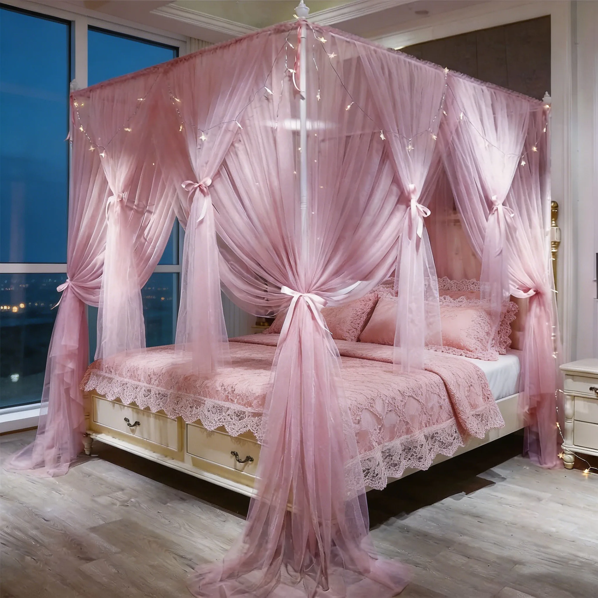 

Москитная сетка-балдахин для кровати «Принцесса» с 4 углами, двухслойная, уютная, с 4 отверстиями, для декора спальни