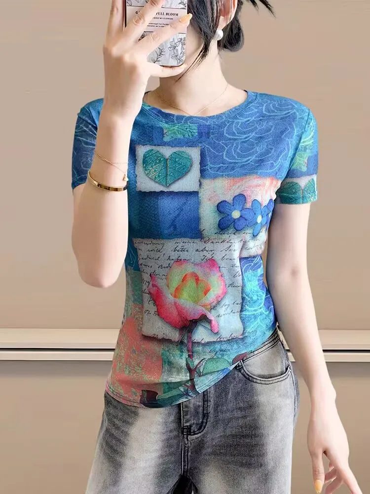 

Элегантная повседневная трендовая женская футболка High Street, весна-лето, женская S-3XL, с коротким рукавом и принтом цветов, шикарные топы, абстрактное искусство