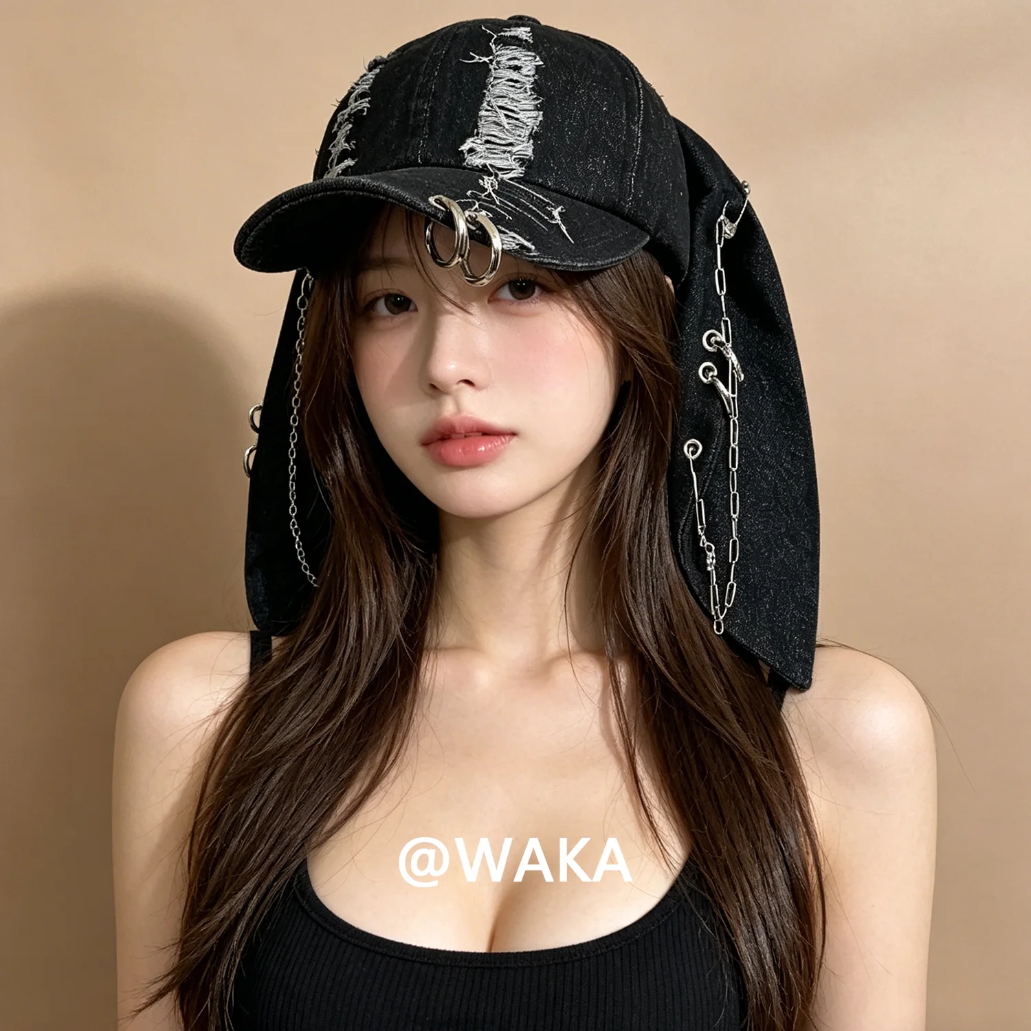 waka-distressed-bunny-ear-denim-baseball-cap-for-men-women-y2k-streetwear-chain-ring-adjustable-octagonal-hat