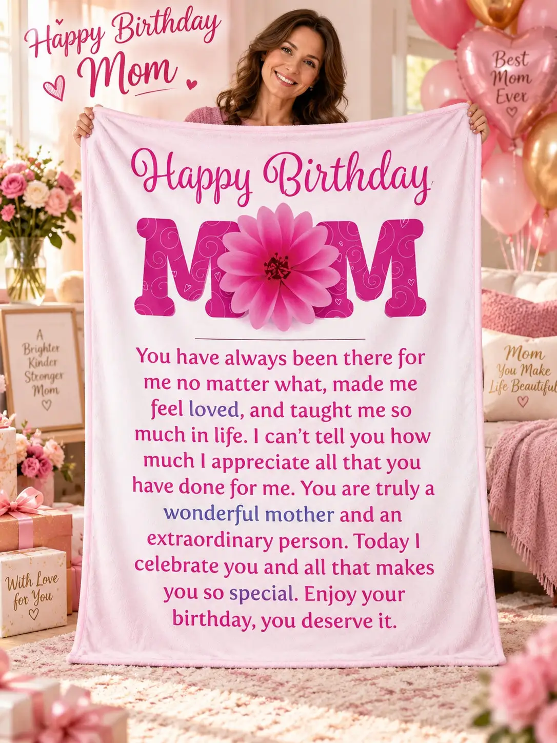 Happy Birthday Mom Flannel Blankets & Throws for Mom Gift Mother Appreciation Blanket for Mom Grandma Mother Family Loved One Birthday Anniversary Christmas Thanksgiving Gift Home Decor Living Room Bedroom Sofa Couch Bed Cover Cozy Warm Keepsake Sent