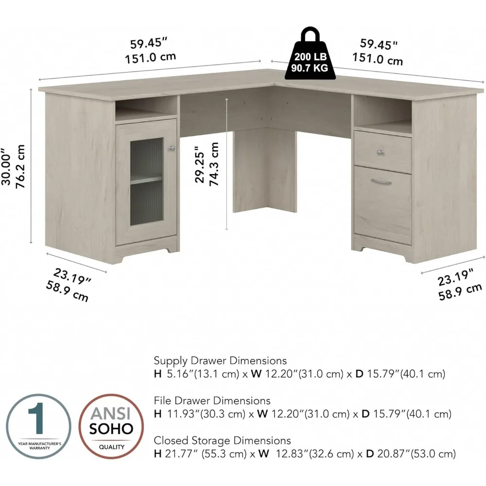 Mesa de computador em forma de L Cabot 60W com armazenamento em linho carvalho branco