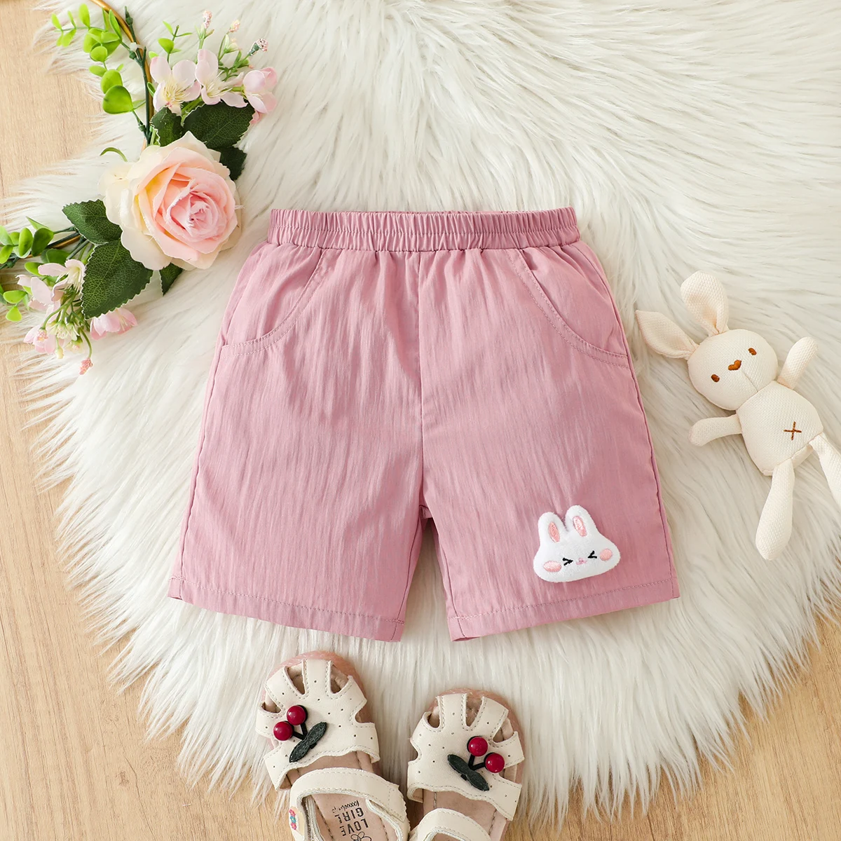

Girls Pink Cute Shorts with Cartoon Rabbit Patch Comfortable Elastic Waist Kids Summer Fashion Clothing