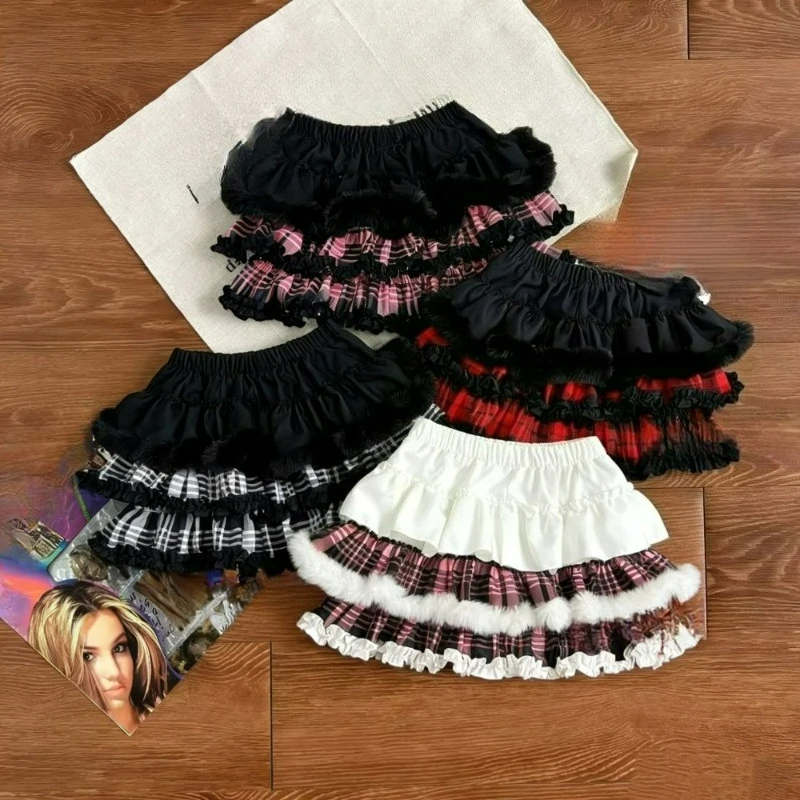 Japanese Sweet Pumpkin Cake Skirt Women Kawaii Plaid Plush Patchwork Fluffy Y2k Mini Skirts Y2k Cute A Line Short Pleated Skirts