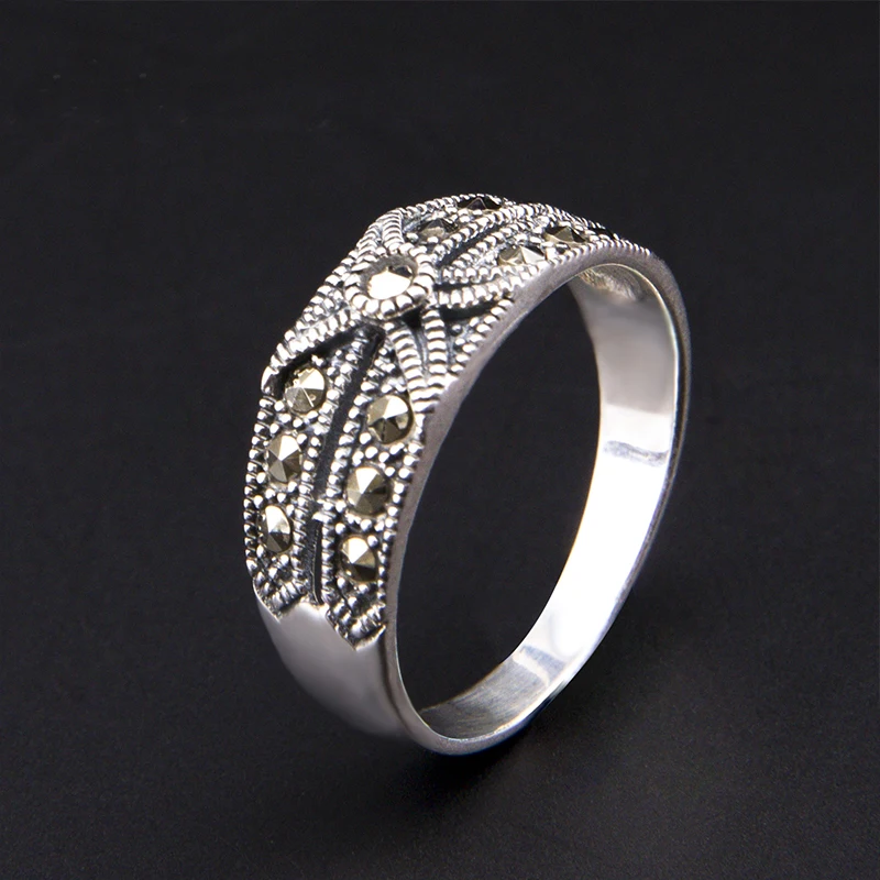 YYSUNNY 925 Sterling Silver Marcasite Ring Vintage Thai Silver Ethnic Style Women Party Ring