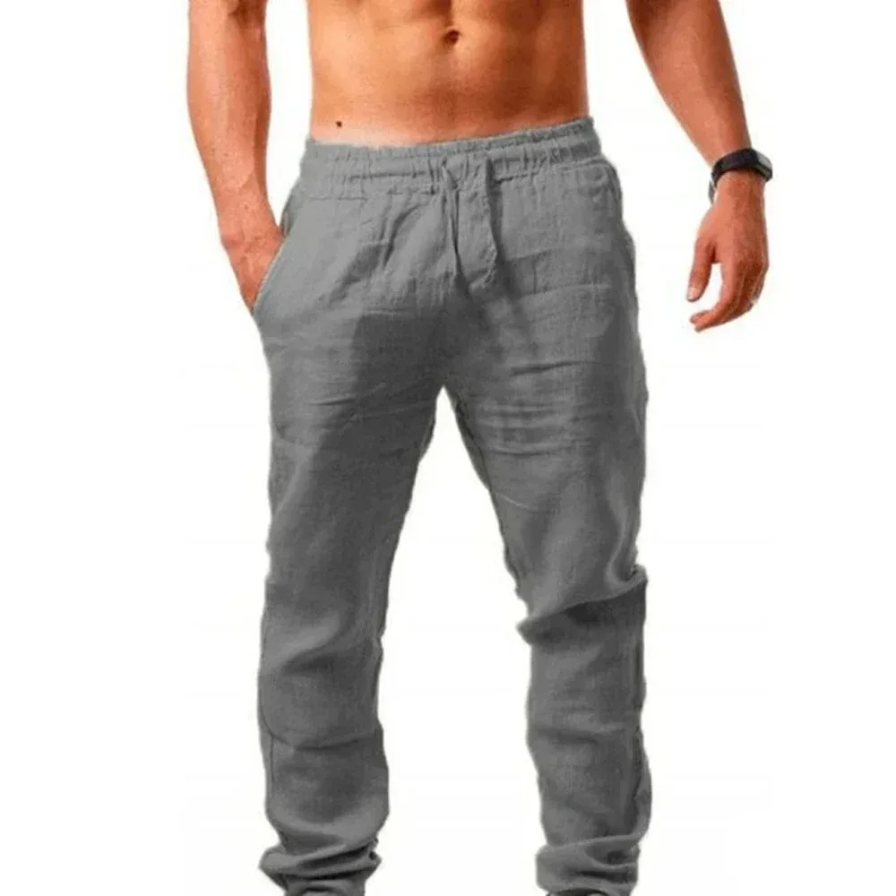 Pantaloni di lino da uomo Pantaloni di lino traspiranti maschili estivi Pantaloni sportivi Pantaloni di fitness di lino tinta unita Jogging Fitness Streetwear