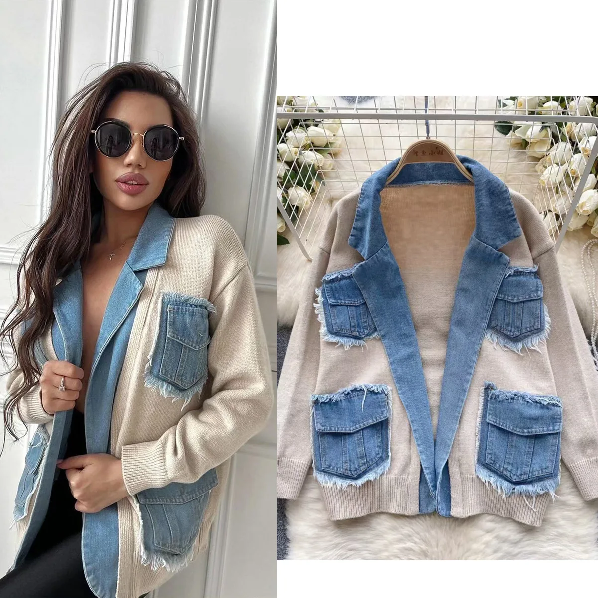 

Denim Coats Women Sweaters Coat Loose Casual Turn Down Collar Y2k Streetwear Jackets Work Splice Jacket 2025 Autumn Winter