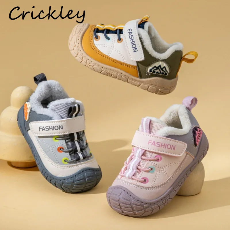 

2025 Patchwork PU Baby Boys Girls Casual Shoes Winter Plush Warm Children Sneakers Soft Hook Loop Toddler Kids Sport Shoes