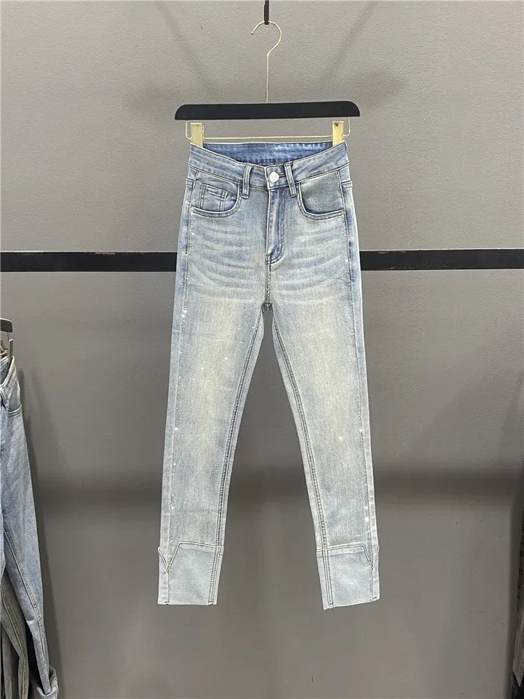 

Retro Light Wash Denim Jeans Women's High Waist Elastic Slim Fit Ankle Length Rhinestone Pencil Pants Casual Cotton Stretch