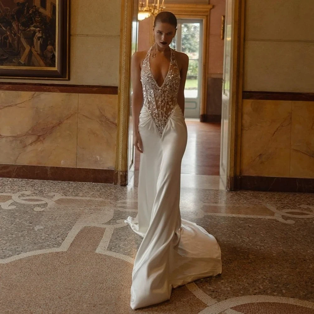Customized Luxurious Halter Deep V Satin Bridal Gown Beaded Sheer Mesh Low Back Fit Mermaid for Glamorous Wedding Brides