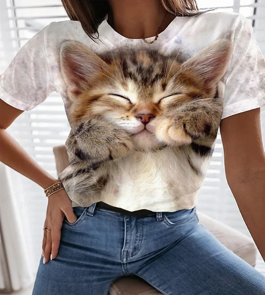 Summer 3D Printed Cute Dog and Cat T-Shirt Women Street Fashion Ladies Short Sleeve Tops Ladies Home Casual Comfortable T-Shirt